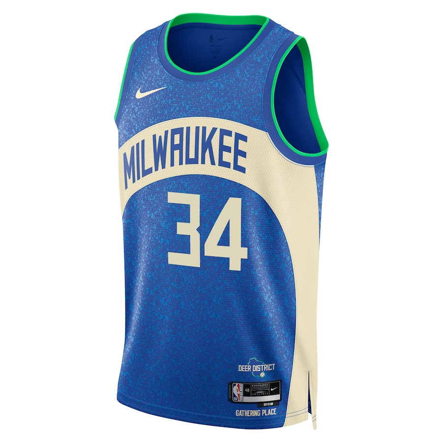 Alternative view of Giannis Antetokounmpo 34 Milwaukee Bucks 2023/24 City Edition Swingman Jersey - Royal - JS640 