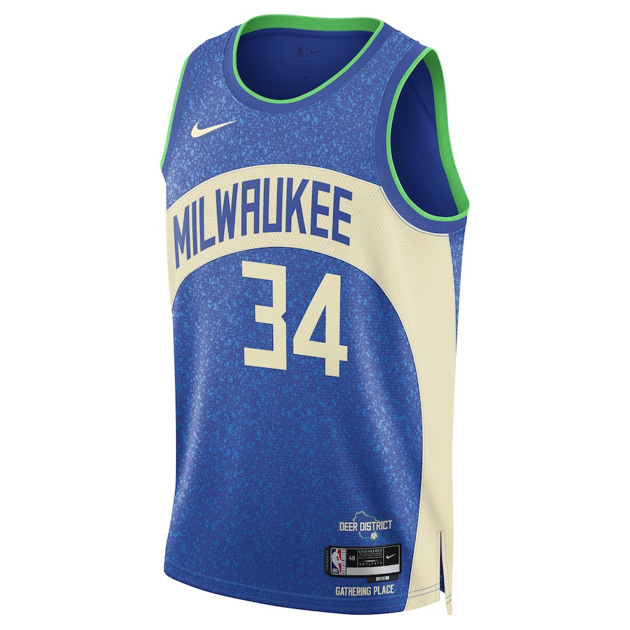 Alternative view of Giannis Antetokounmpo 34 Milwaukee Bucks 2023/24 Swingman Jersey - City Edition - Unisex Blue - JS763 