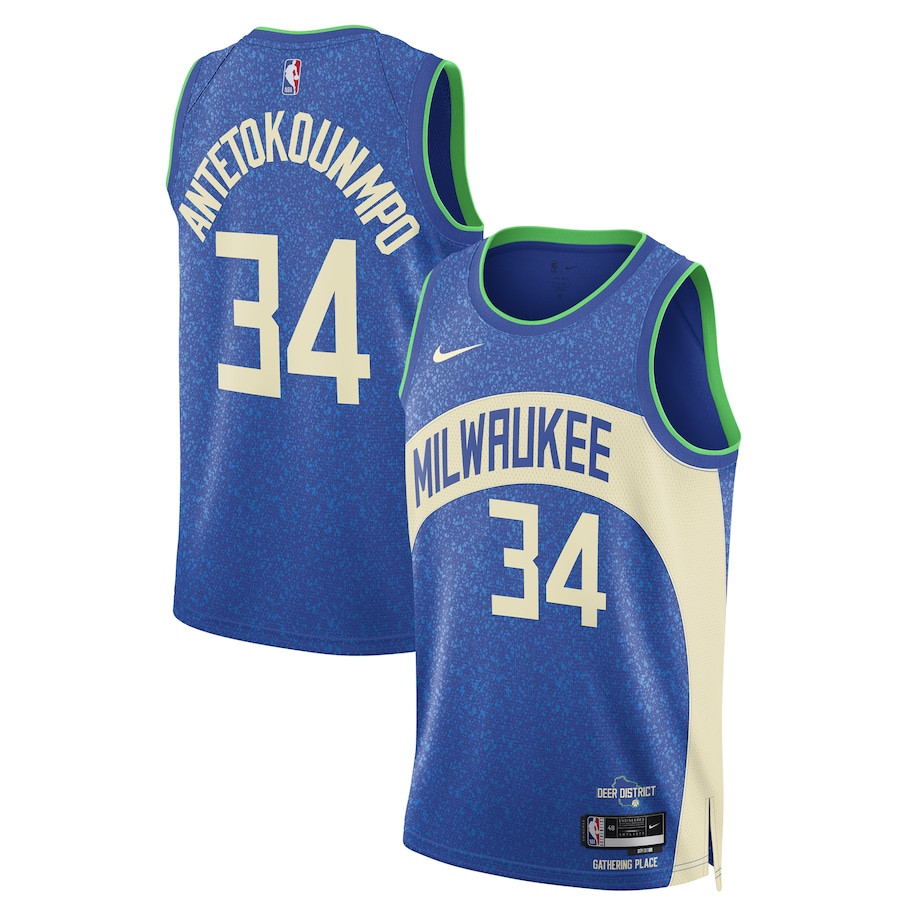 Giannis Antetokounmpo 34 Milwaukee Bucks 2023/24 Swingman Jersey - City Edition - Unisex Blue - JS763 