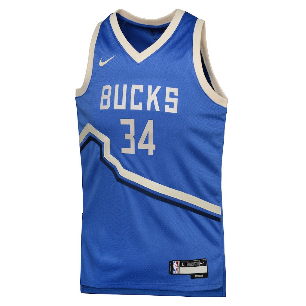 Alternative view of Giannis Antetokounmpo 34 Milwaukee Bucks 2024/25 Swingman Player YOUTH Jersey - City Edition - Royal - JS501 