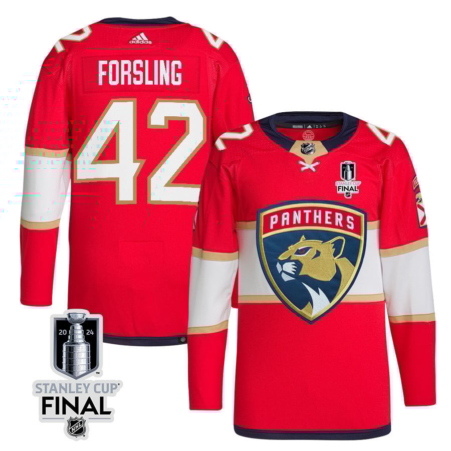 Gustav Forsling 42 Florida Panthers 2024 STANLEY CUP Final Home Breakaway Jersey - Men, Red - JS875 