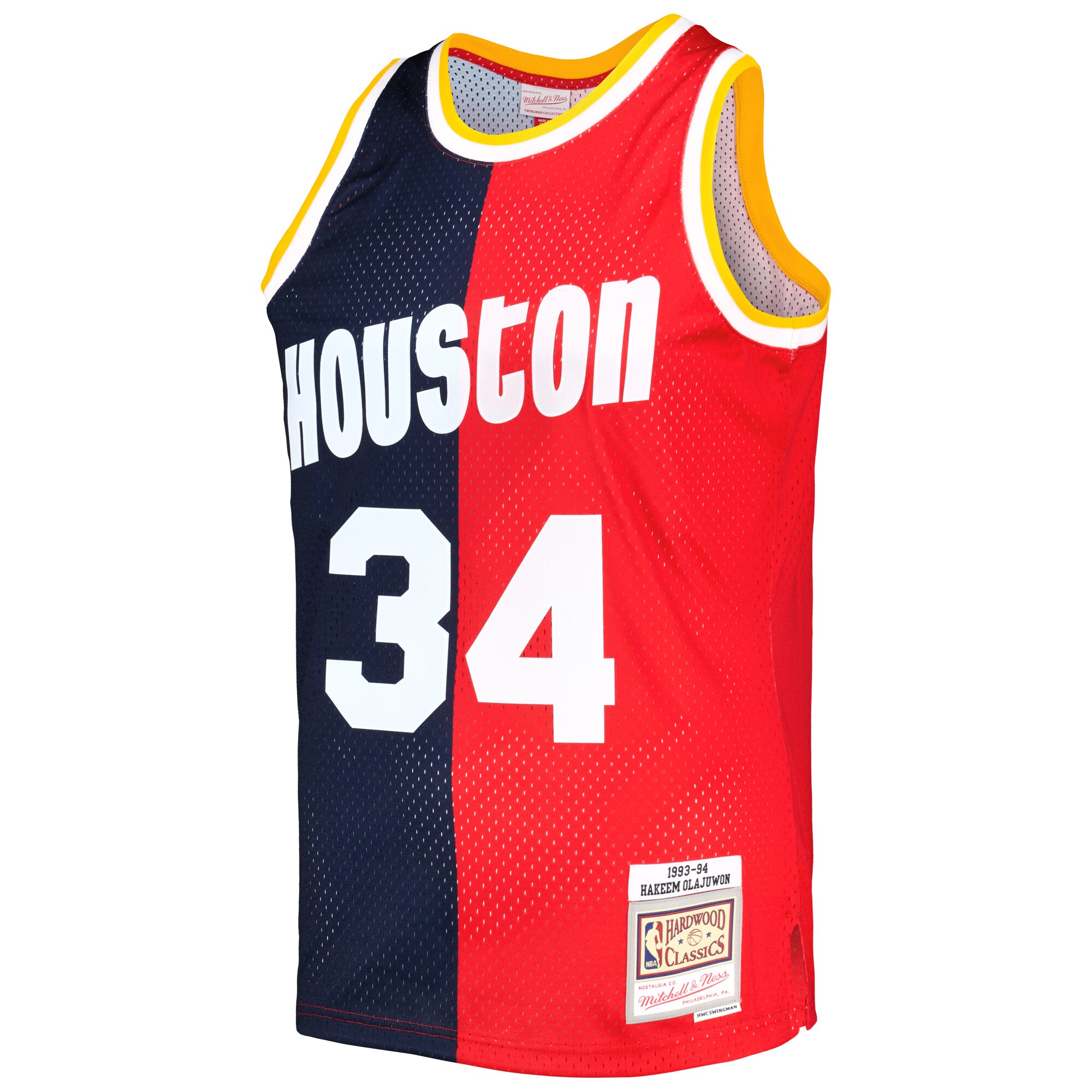 Alternative view of Hakeem Olajuwon Houston Rockets Mitchell & Ness Hardwood Classics 1993/94 Split Swingman Jersey - Navy/red