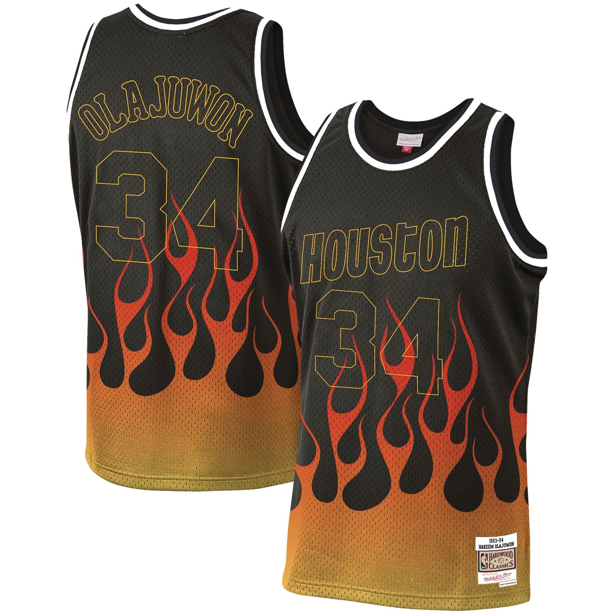 Hakeem Olajuwon Houston Rockets Mitchell & Ness 1993-94 Hardwood Classics Flames Swingman Jersey – Black - JS284 