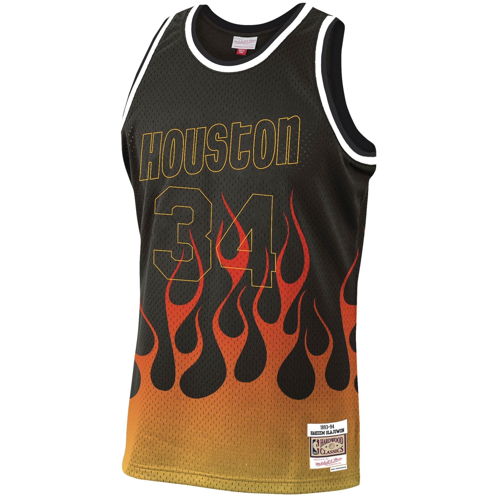 Alternative view of Hakeem Olajuwon Houston Rockets Mitchell & Ness 1993-94 Hardwood Classics Flames Swingman Jersey – Black - JS284 