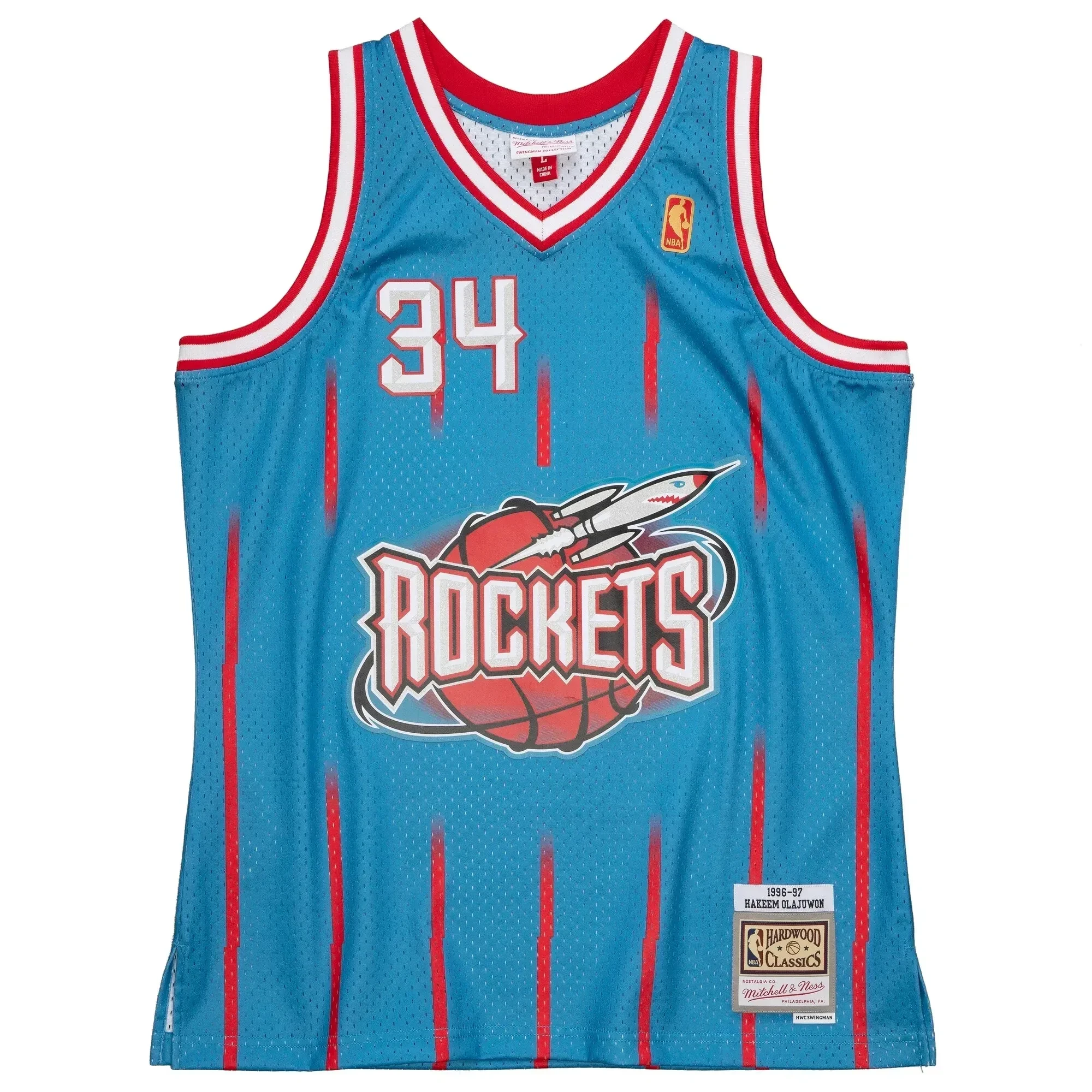 Alternative view of Hakeem Olajuwon Houston Rockets Mitchell & Ness 1996-97 Hardwood Classics Reload 2.0 Swingman Jersey - Light Blue - JS261 