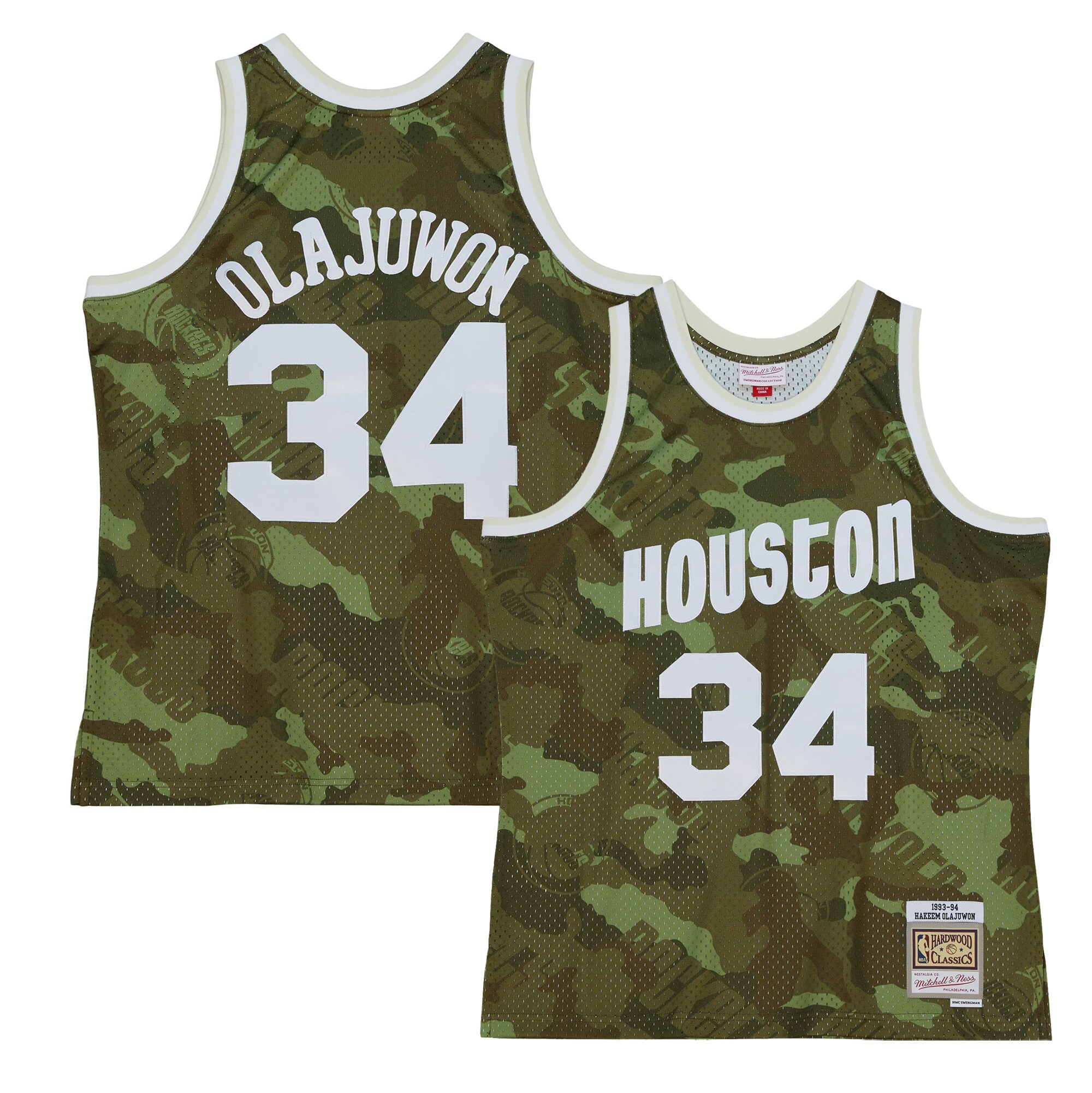 Alternative view of Hakeem Olajuwon Houston Rockets Mitchell & Ness Hardwood Classics 1993/94 Ghost Green Swingman Jersey - Camo