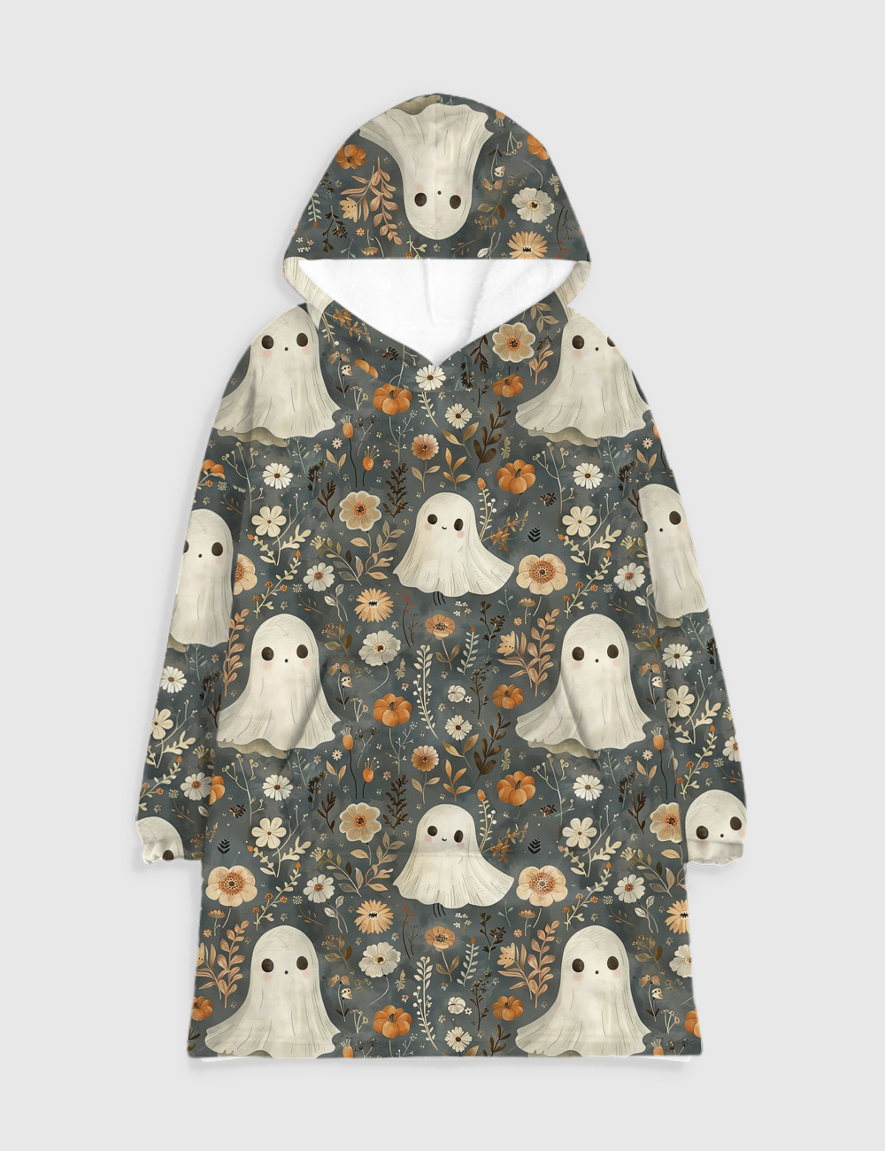 Halloween Cute Ghosts And Pumpkins Flannel Blanket Hoodie