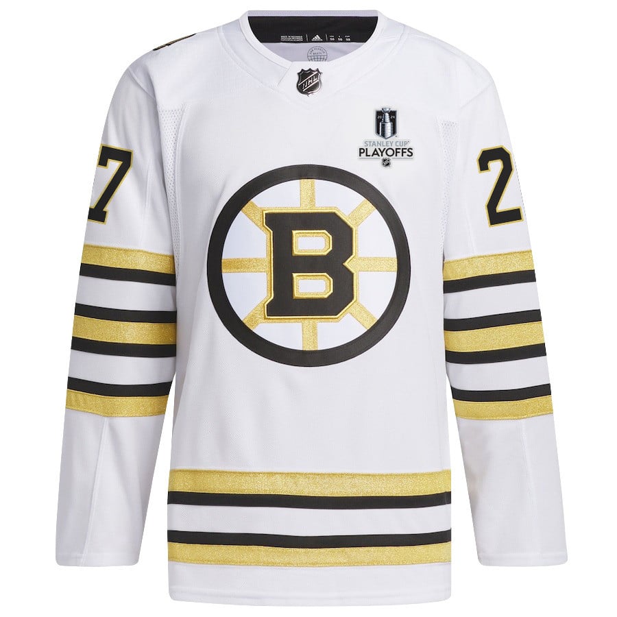 Alternative view of Hampus Lindholm 27 Boston Bruins 2024 NHL Playoffs Patch Away Jersey - Men, White - JS936 