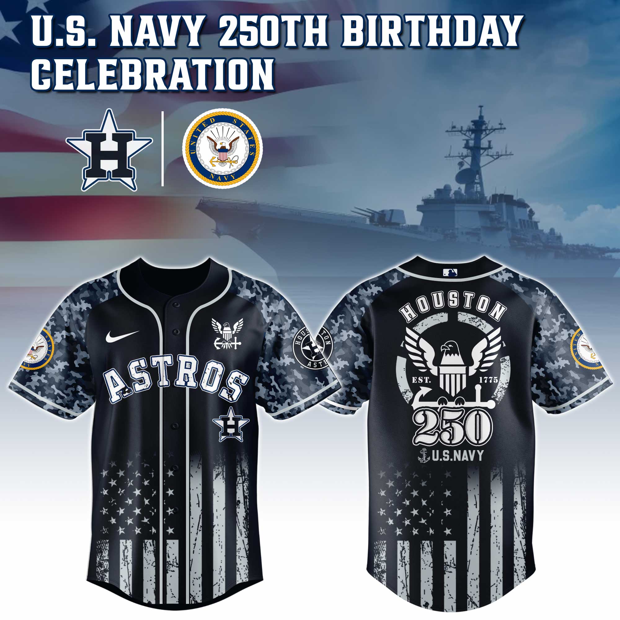 Houston Astros Mlb X 250 U.s. Navy Custom Baseball Jersey