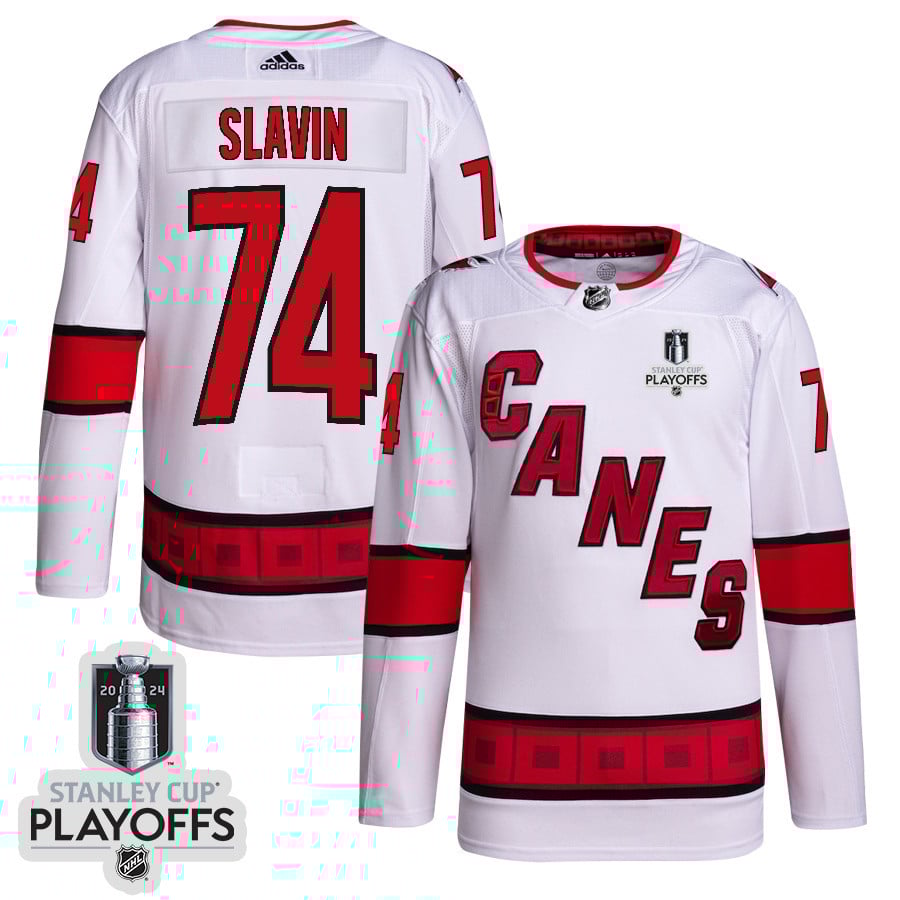 Jaccob Slavin 74 Carolina Hurricanes 2024 NHL Playoffs Patch Away Jersey - Men, White - JS915 