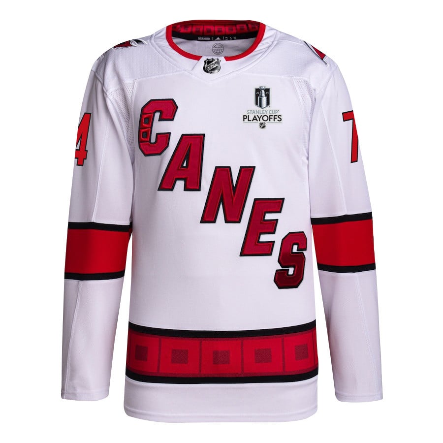 Alternative view of Jaccob Slavin 74 Carolina Hurricanes 2024 NHL Playoffs Patch Away Jersey - Men, White - JS915 