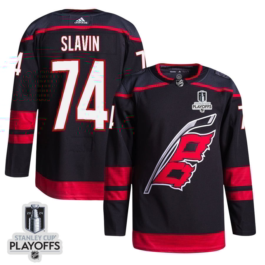 Jaccob Slavin 74 Carolina Hurricanes 2024 NHL Playoffs Patch Home Jersey - Men, Black - JS912 