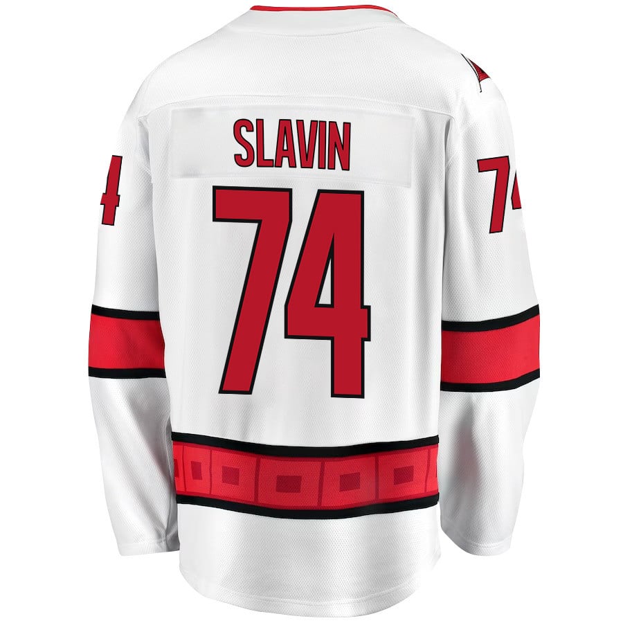 Alternative view of Jaccob Slavin 74 Carolina Hurricanes Stanley Cup 2023 Playoffs Patch Away Breakaway Men Jersey - White - JS259 