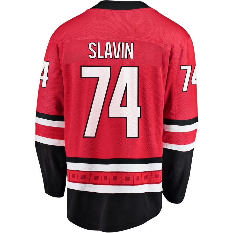 Alternative view of Jaccob Slavin 74 Carolina Hurricanes Stanley Cup 2023 Playoffs Patch Home Breakaway Men Jersey - Red - JS297 