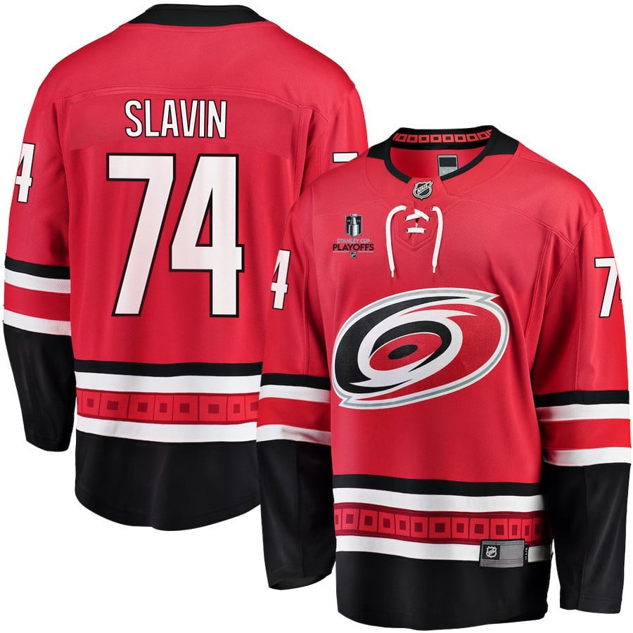 Jaccob Slavin 74 Carolina Hurricanes Stanley Cup 2023 Playoffs Patch Home Breakaway Men Jersey - Red - JS297 