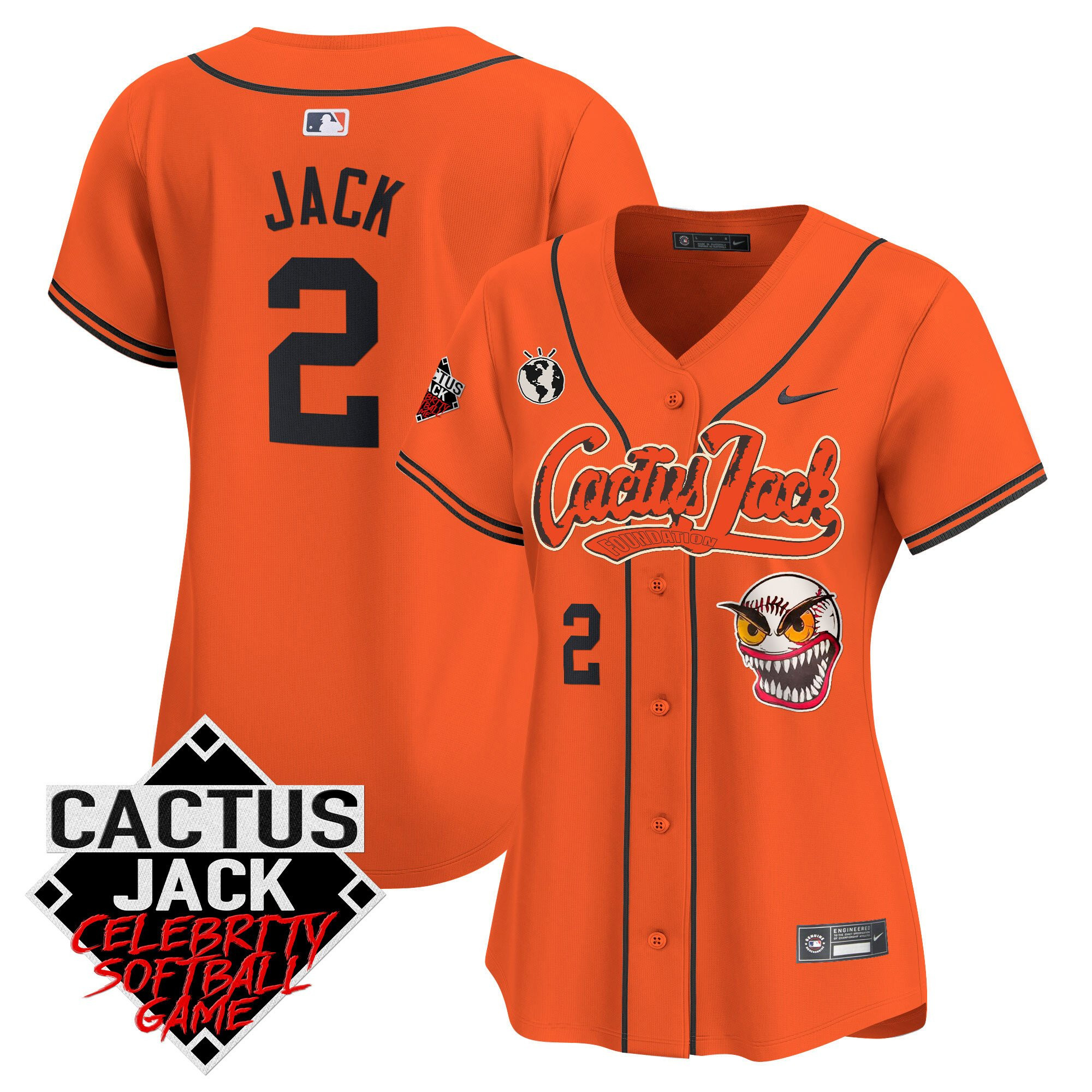 Jack 2 Houston Astros Cactus Jack Celebrity Softball Game Patch Women Jersey - Orange