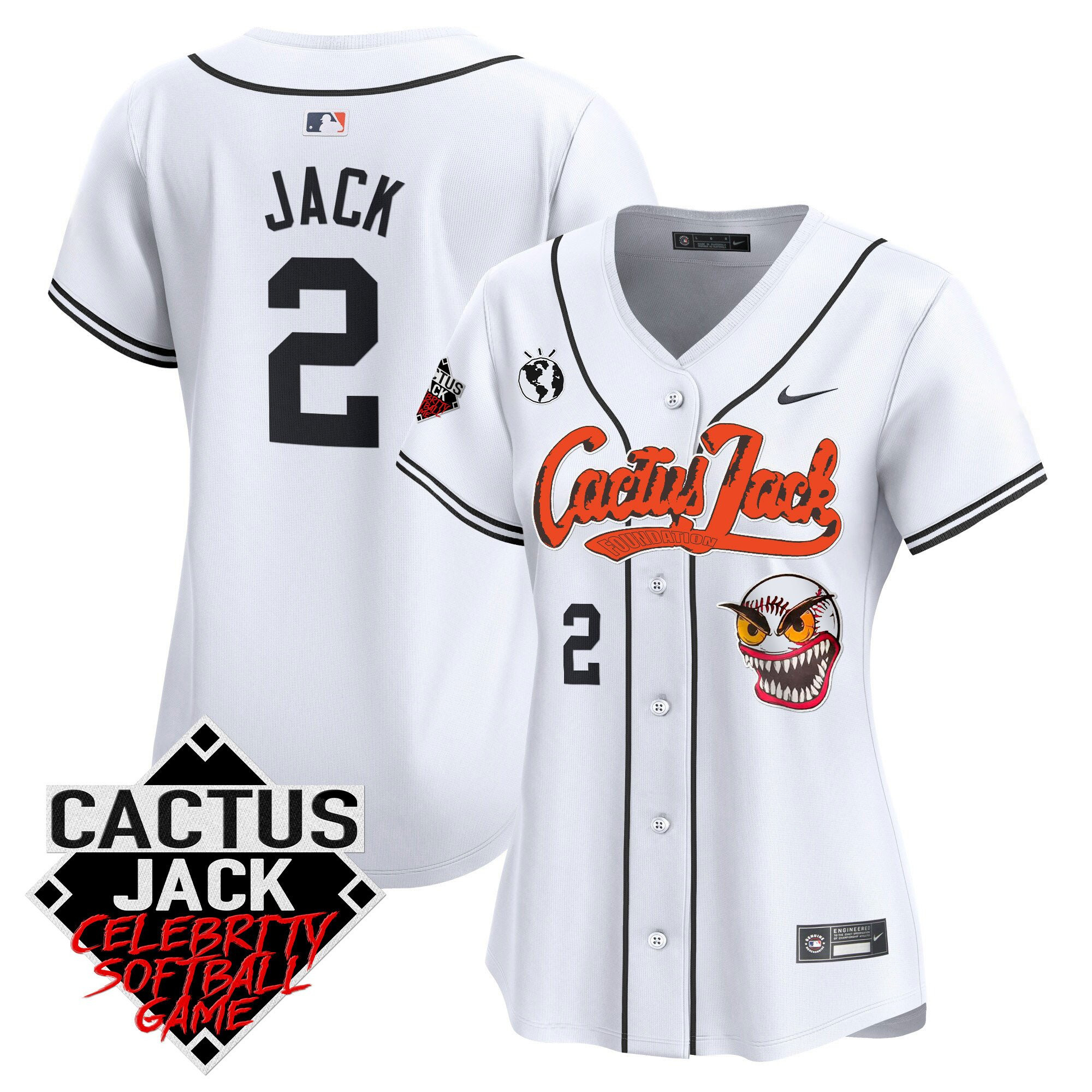 Jack 2 Houston Astros Cactus Jack Celebrity Softball Game Patch Women Jersey - White