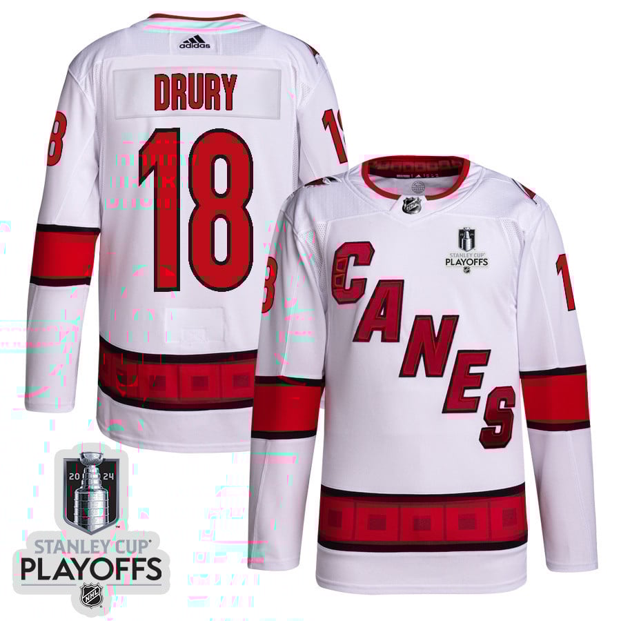 Jack Drury 18 Carolina Hurricanes 2024 NHL Playoffs Patch Away Jersey - Men, White - JS809 