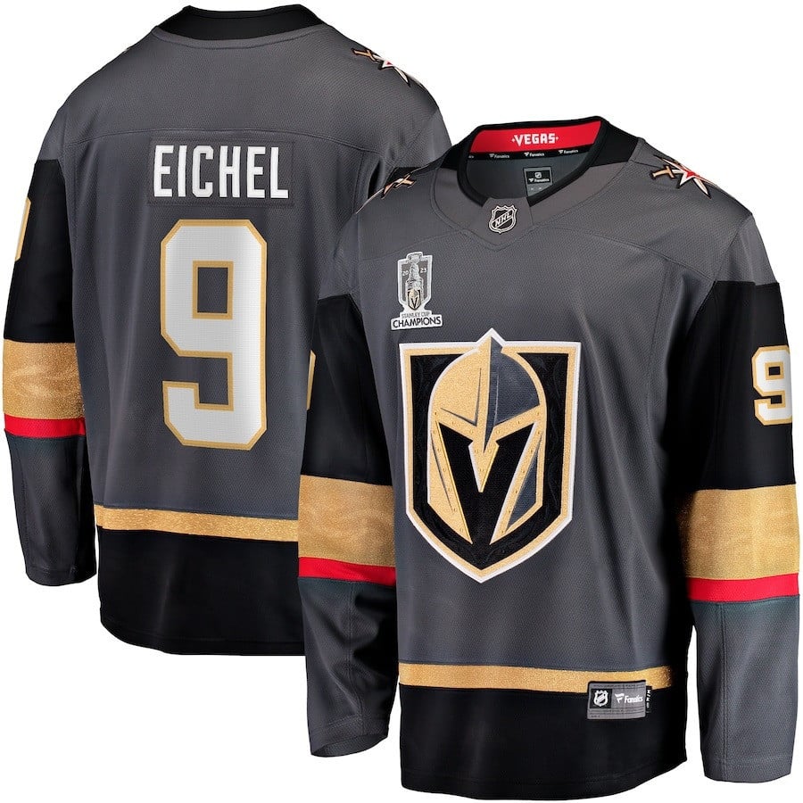 Jack Eichel 9 Vegas Golden Knights 2023 Stanley Cup Champions Patch Alternate Breakaway Jersey - Black - JS418 