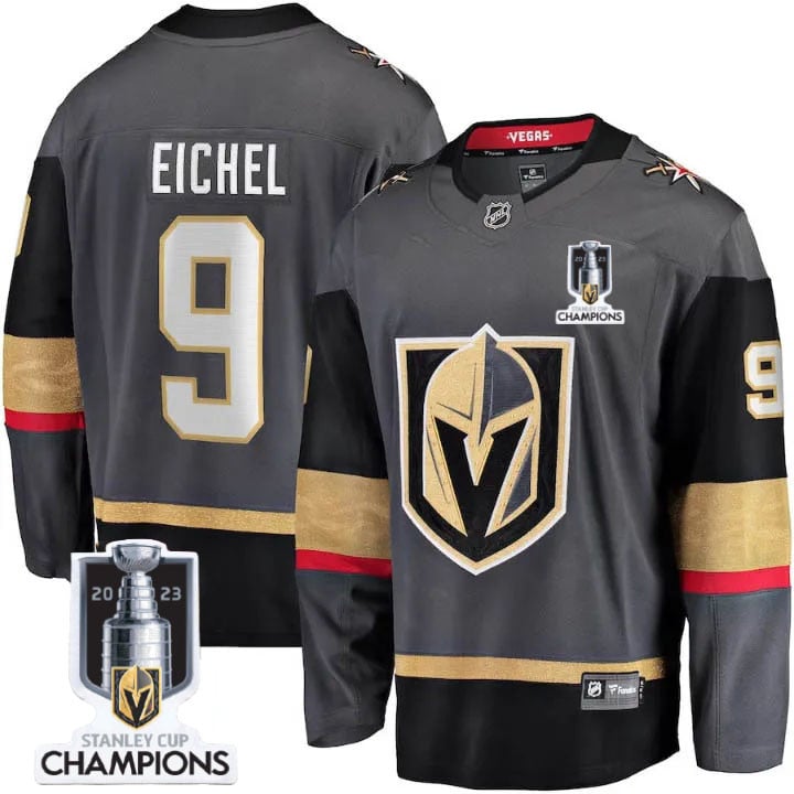 Jack Eichel 9 Vegas Golden Knights 2023 Stanley Cup Champions Patch Alternate Breakaway Jersey - Black - JS890 