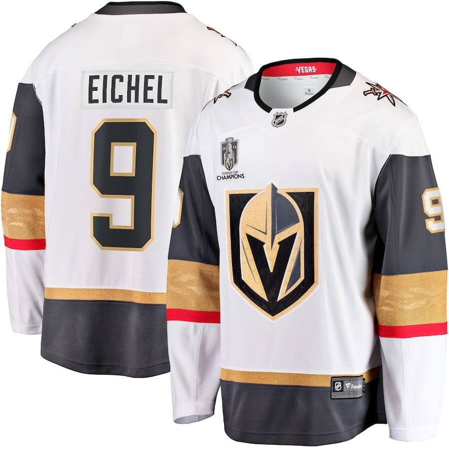 Jack Eichel 9 Vegas Golden Knights 2023 Stanley Cup Champions Patch Away Breakaway Player Jersey - White - JS489 