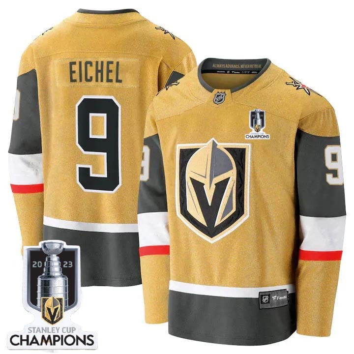 Jack Eichel 9 Vegas Golden Knights 2023 Stanley Cup Champions Patch Breakaway Home Jersey - Gold - JS760 
