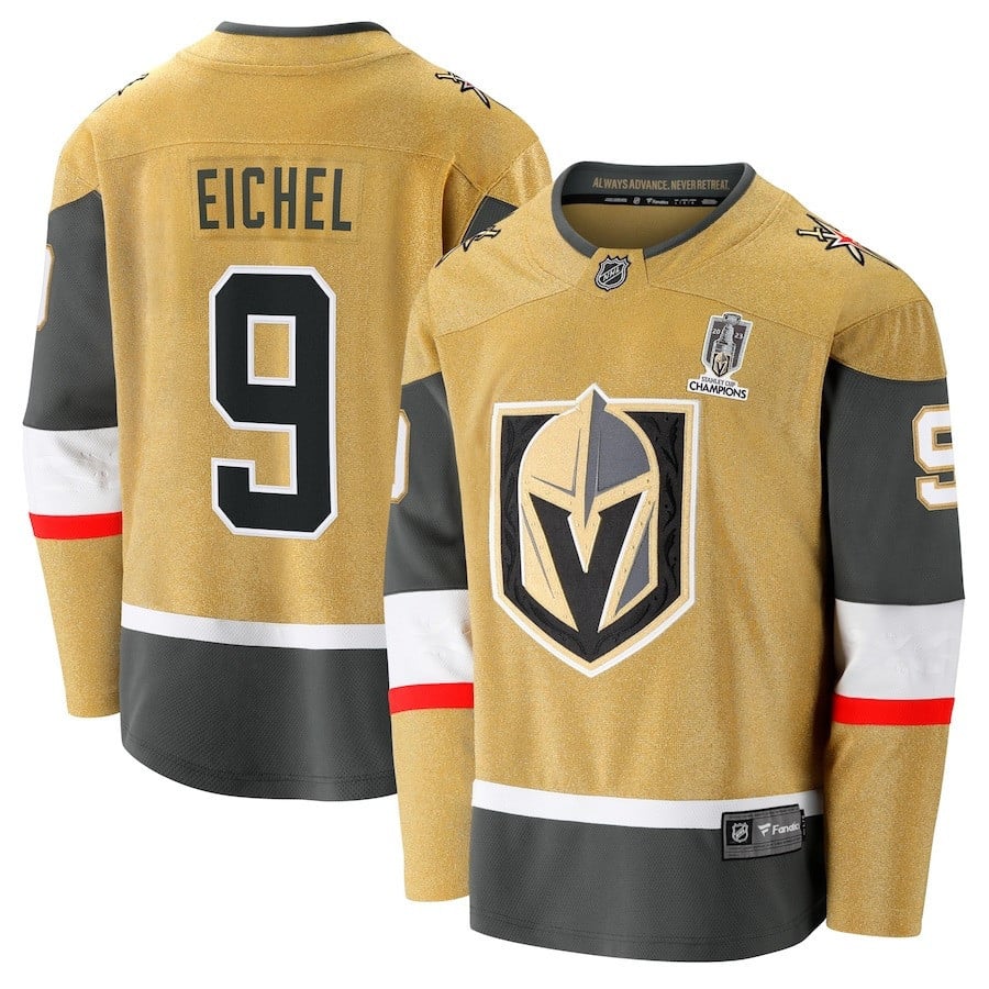 Jack Eichel 9 Vegas Golden Knights 2023 Stanley Cup Champions Patch Home Breakaway Player Jersey - Gold - JS263 