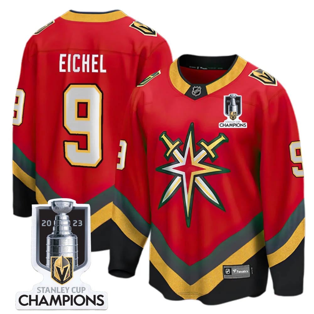 Jack Eichel 9 Vegas Golden Knights 2023 Stanley Cup Champions Patch Reverse Editon Jersey - Red - JS714 