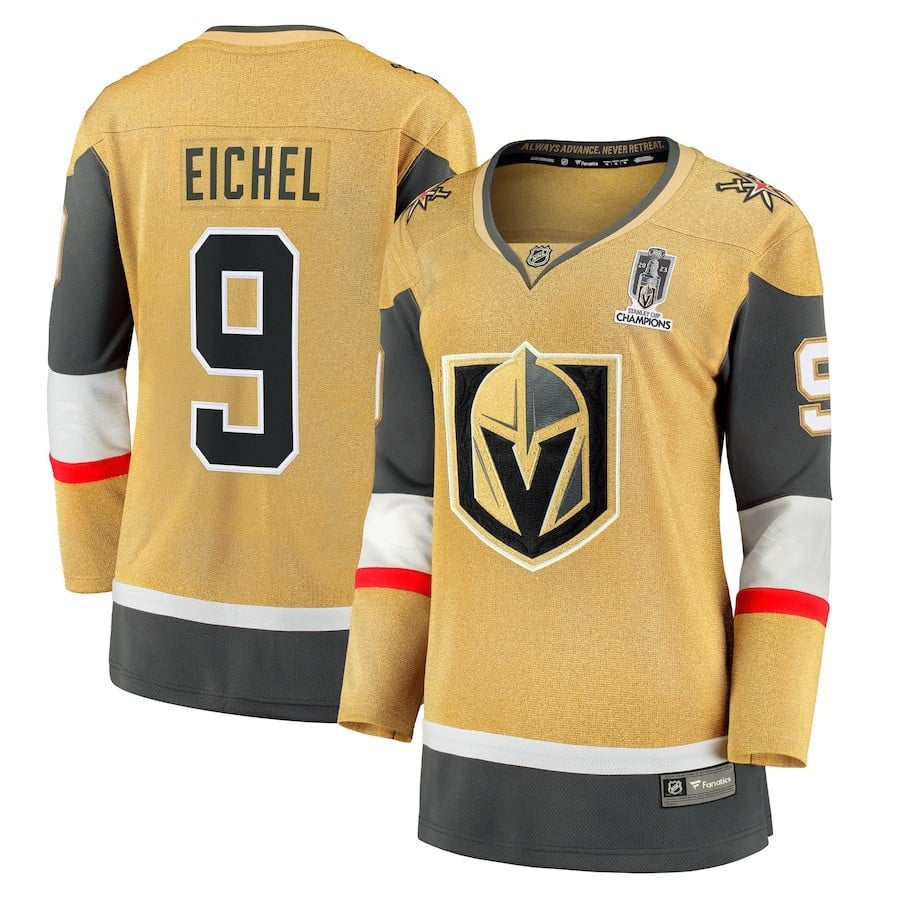 Jack Eichel 9 Vegas Golden Knights Women's 2023 Stanley Cup Champions Home Breakaway Jersey - Gold - JS662 