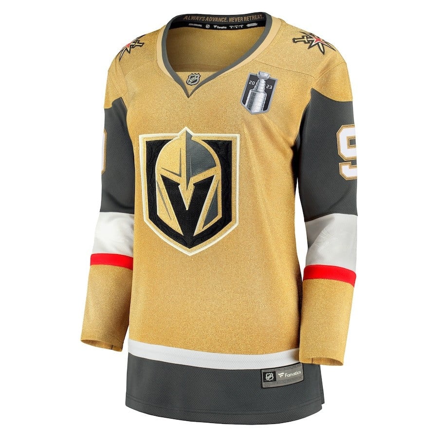Alternative view of Jack Eichel 9 Vegas Golden Knights Women's 2023 Stanley Cup Final Home Breakaway Player Jersey - Gold - JS891 