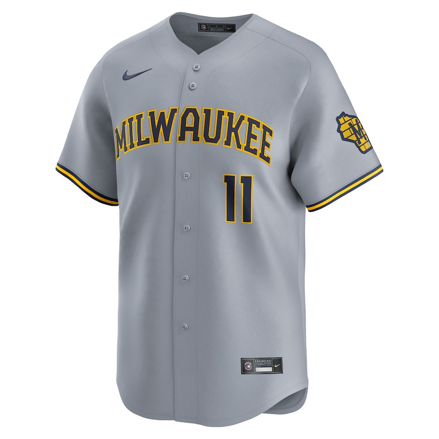 Alternative view of Jackson Chourio 11 Milwaukee Brewers Away Limited Men Jersey - Gray 