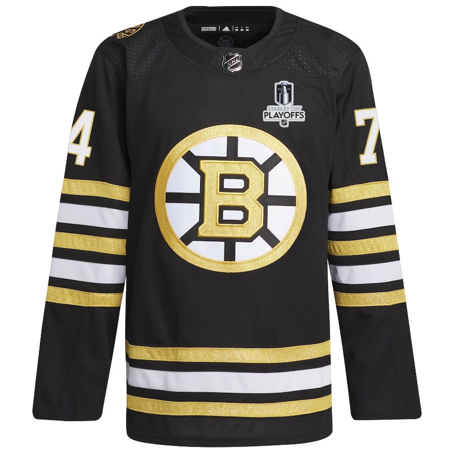 Alternative view of Jake DeBrusk 74 Boston Bruins 2024 NHL Playoffs Patch Home Jersey - Men, Black - JS595 