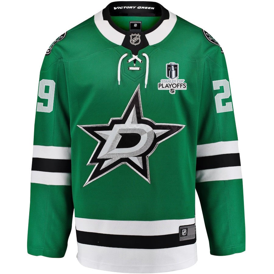Alternative view of Jake Oettinger 29 Dallas Stars 2024 NHL Playoffs Patch Home Jersey - Men, Green - JS489 