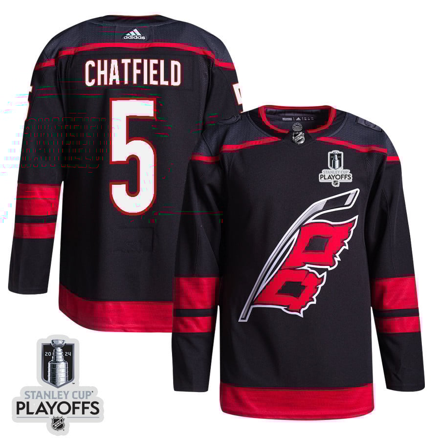 Jalen Chatfield 5 Carolina Hurricanes 2024 NHL Playoffs Patch Home Jersey - Men, Black - JS206 