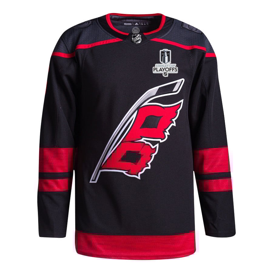 Alternative view of Jalen Chatfield 5 Carolina Hurricanes 2024 NHL Playoffs Patch Home Jersey - Men, Black - JS206 