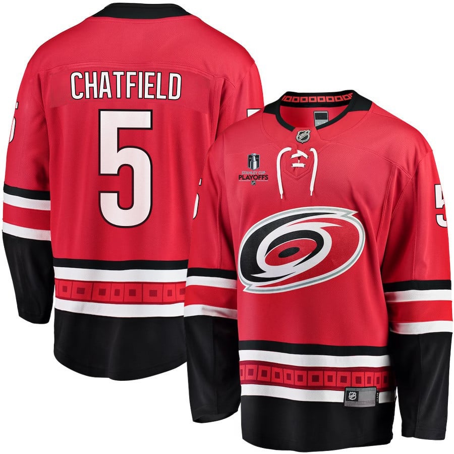Jalen Chatfield 5 Carolina Hurricanes Stanley Cup 2023 Playoffs Patch Home Breakaway Men Jersey - Red - JS915 