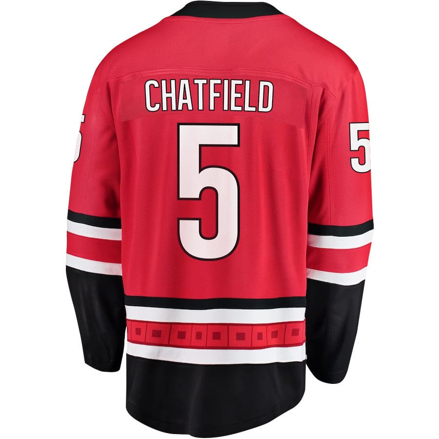 Alternative view of Jalen Chatfield 5 Carolina Hurricanes Stanley Cup 2023 Playoffs Patch Home Breakaway Men Jersey - Red - JS915 