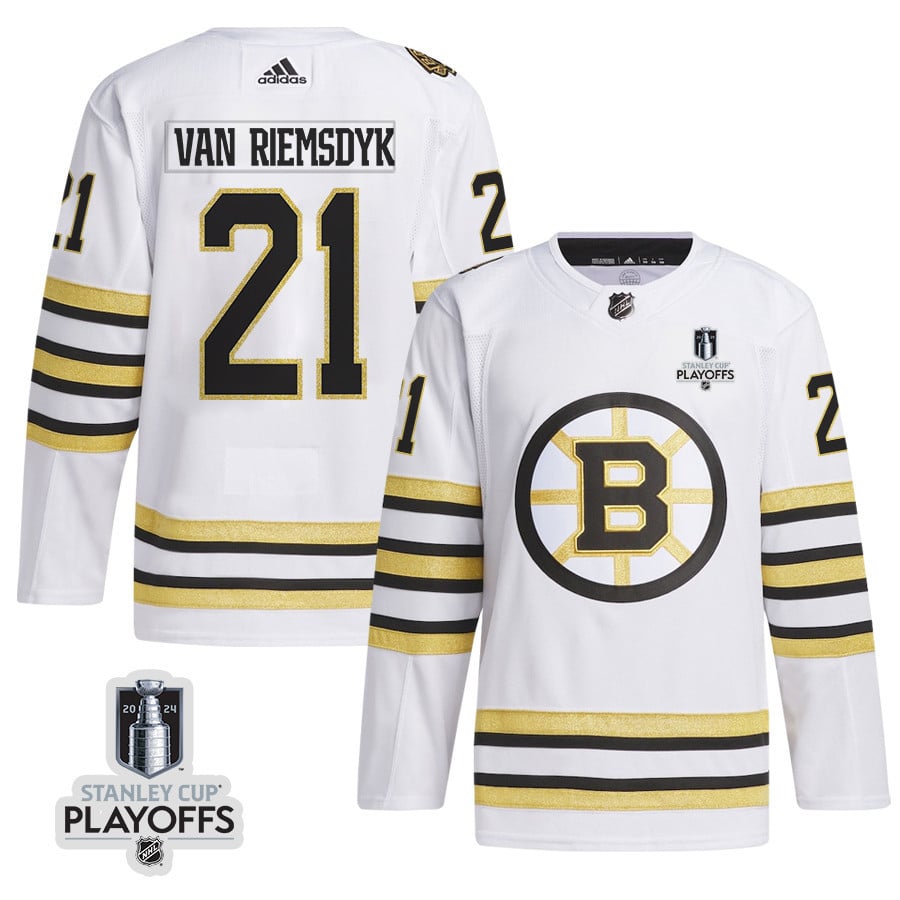 James van Riemsdyk 21 Boston Bruins 2024 NHL Playoffs Patch Away Jersey - Men, White - JS766 