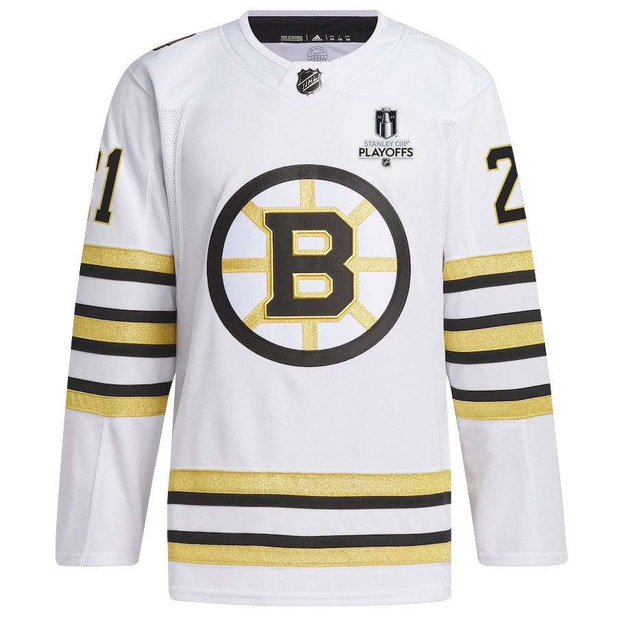 Alternative view of James van Riemsdyk 21 Boston Bruins 2024 NHL Playoffs Patch Away Jersey - Men, White - JS766 