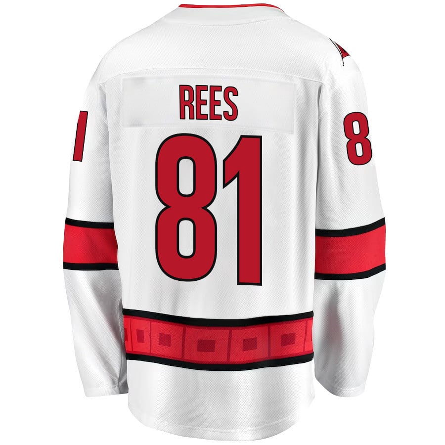 Alternative view of Jamieson Rees 81 Carolina Hurricanes Stanley Cup 2023 Playoffs Patch Away Breakaway Men Jersey - White - JS998 
