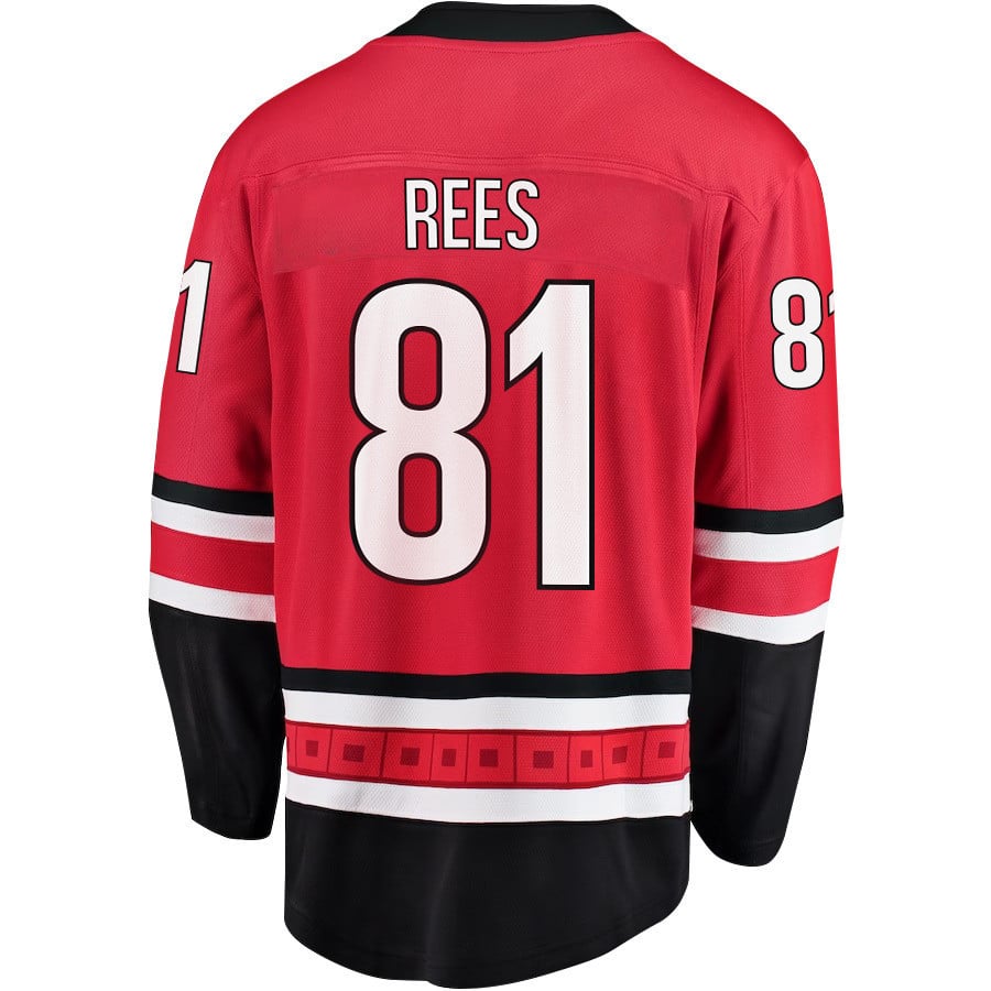 Alternative view of Jamieson Rees 81 Carolina Hurricanes Stanley Cup 2023 Playoffs Patch Home Breakaway Men Jersey - Red - JS752 