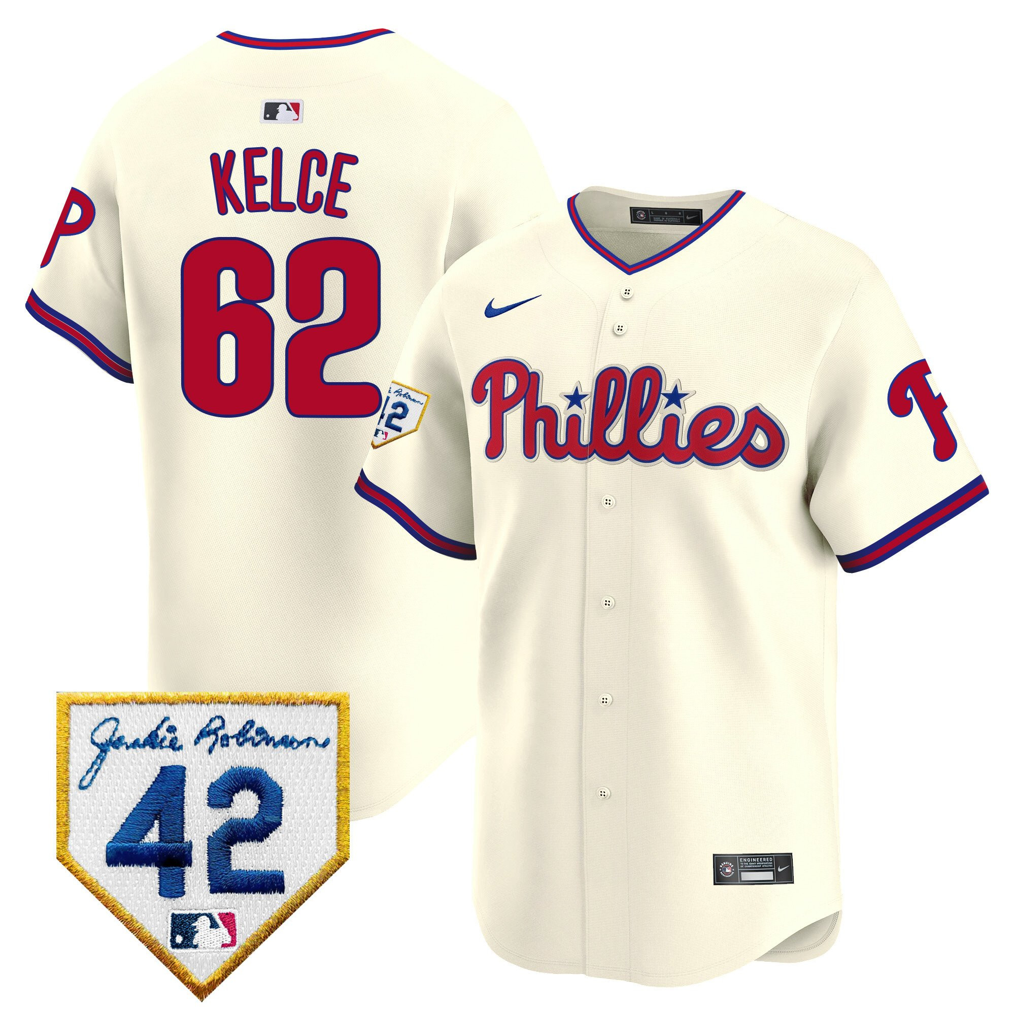 Jason Kelce 62 Philadelphia Phillies 2024 Jackie Robinson Patch Men Jersey - Cream 