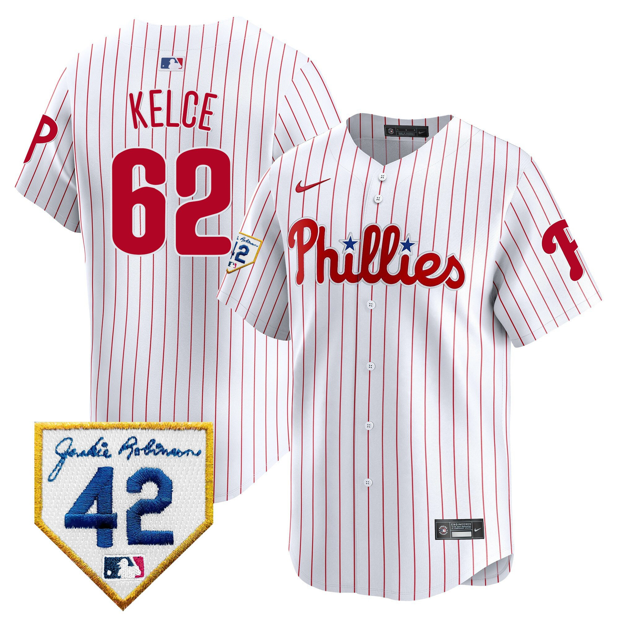 Jason Kelce 62 Philadelphia Phillies 2024 Jackie Robinson Patch Men Jersey - White 
