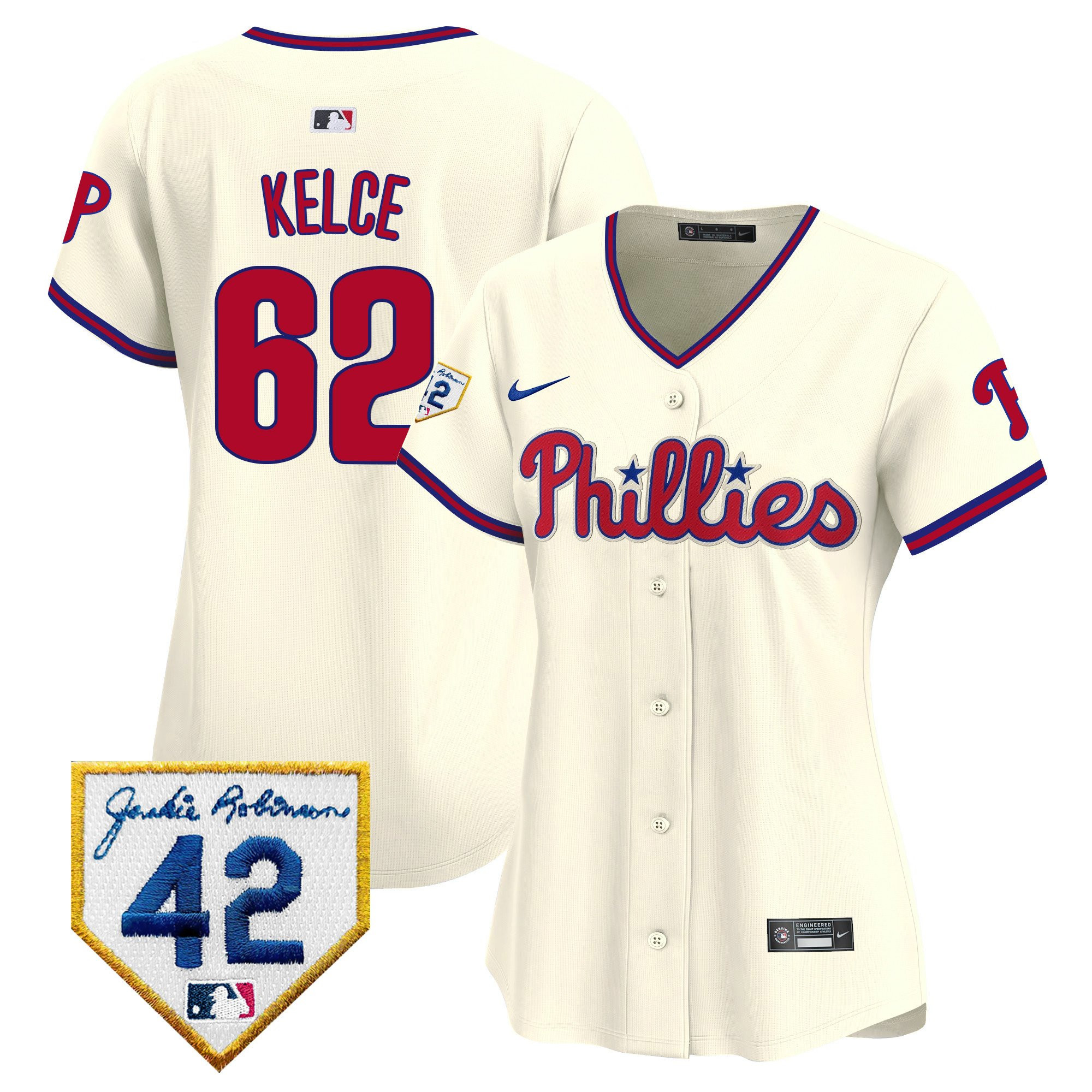 Jason Kelce 62 Philadelphia Phillies 2024 Jackie Robinson Patch Women Jersey - Cream 