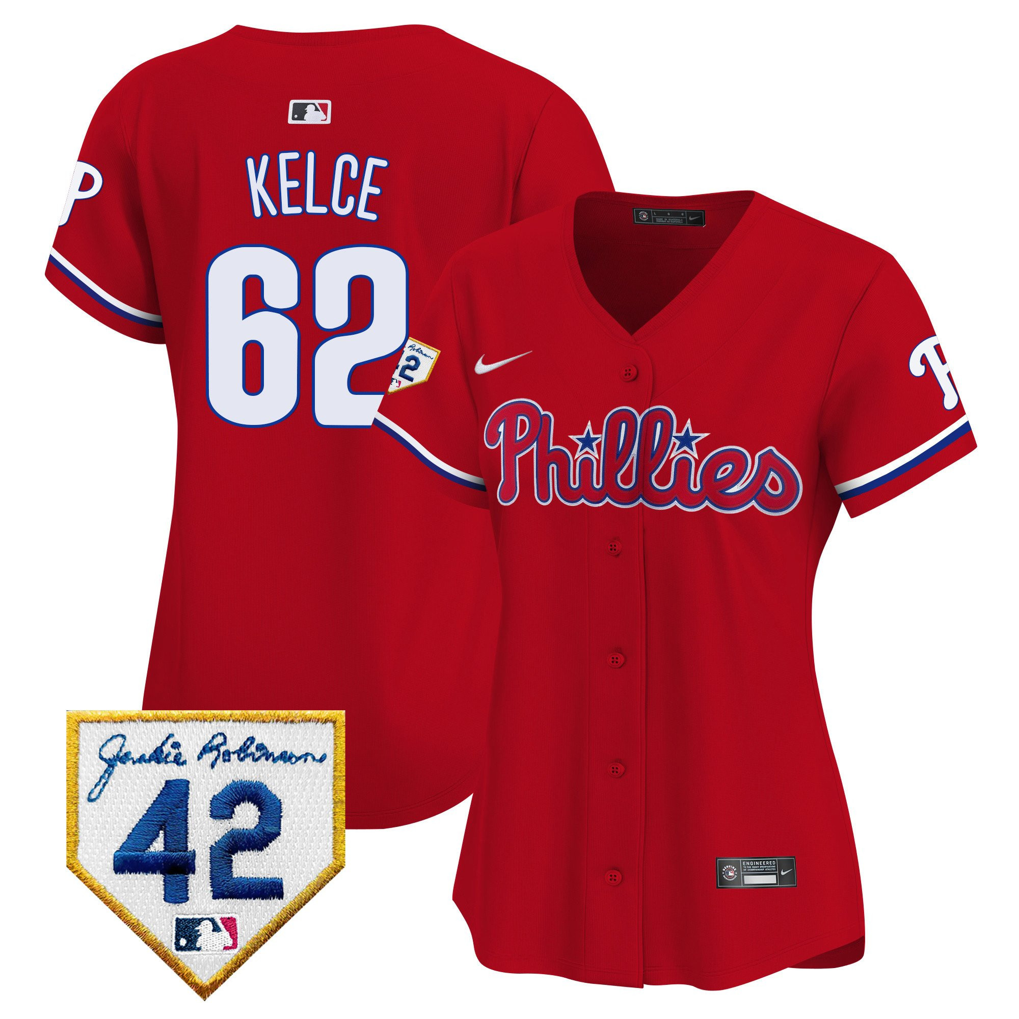 Jason Kelce 62 Philadelphia Phillies 2024 Jackie Robinson Patch Women Jersey - Red 