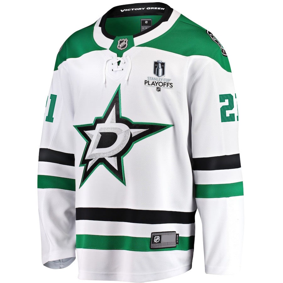 Alternative view of Jason Robertson 21 Dallas Stars 2024 NHL Playoffs Patch Away Breakaway Jersey - Men - JS208 