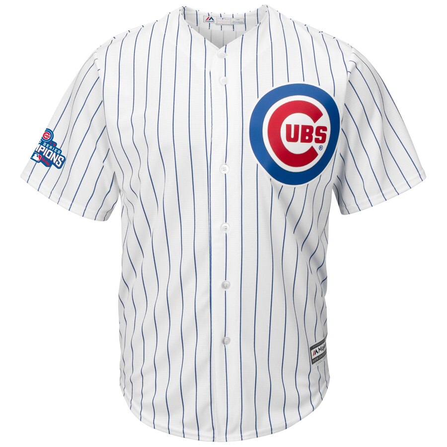 Alternative view of Javier Baez Chicago Cubs Majestic Home 2016 World Series Champions Team Logo Patch Player Jersey - White