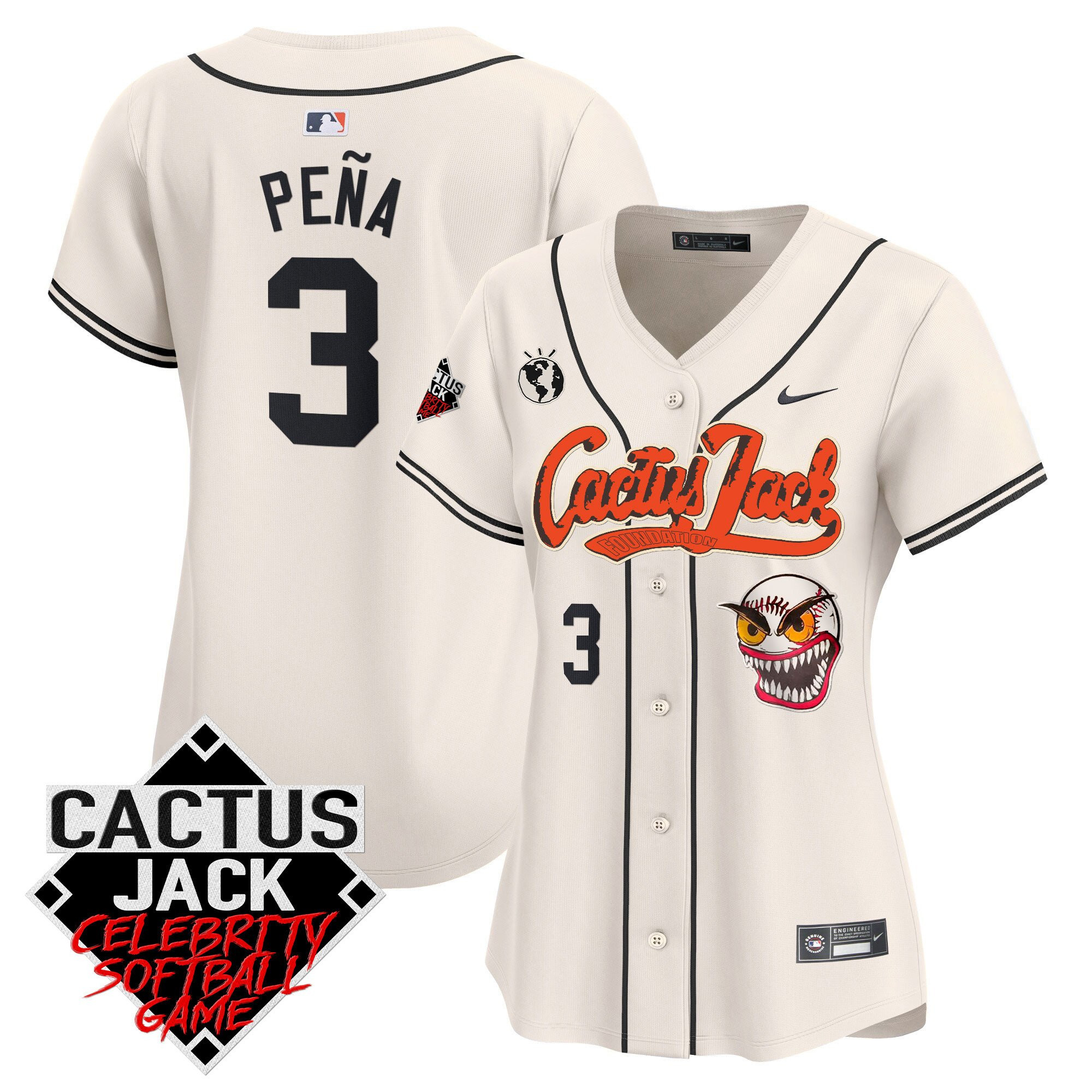 Jeremy Pena 3 Houston Astros Cactus Jack Celebrity Softball Game Patch Women Jersey - Cream