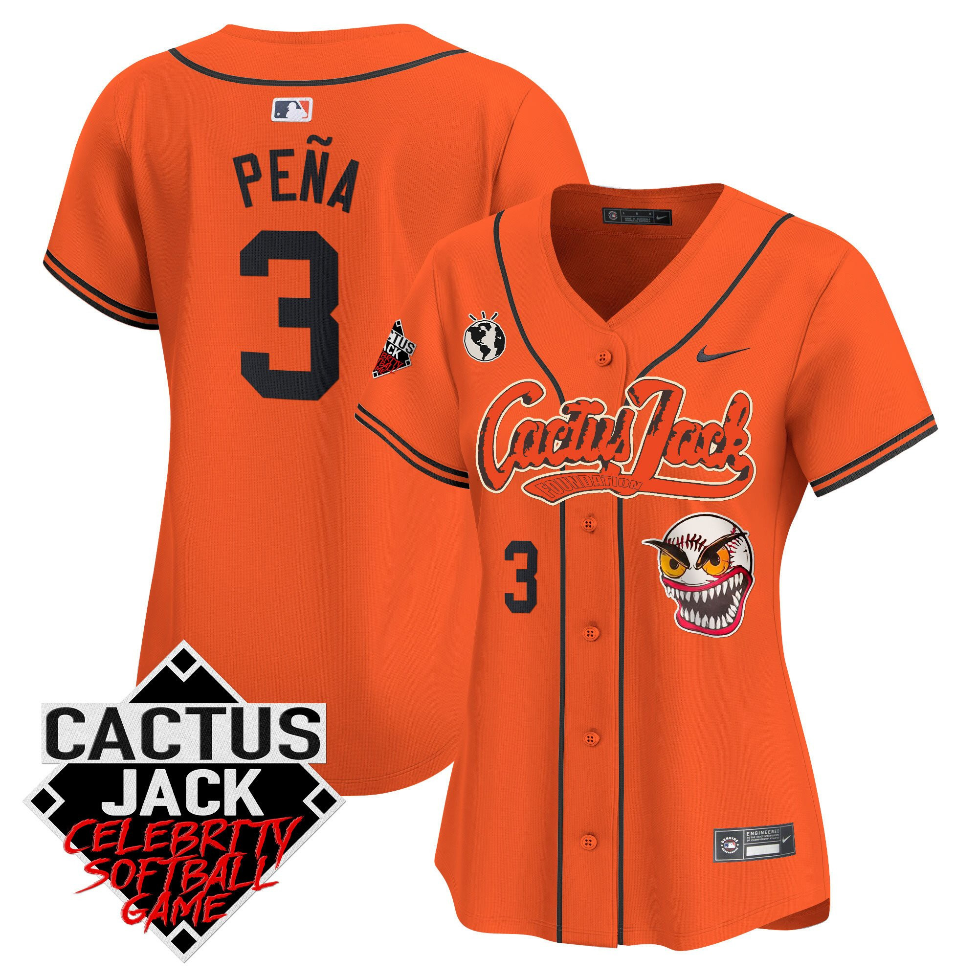 Jeremy Pena 3 Houston Astros Cactus Jack Celebrity Softball Game Patch Women Jersey - Orange