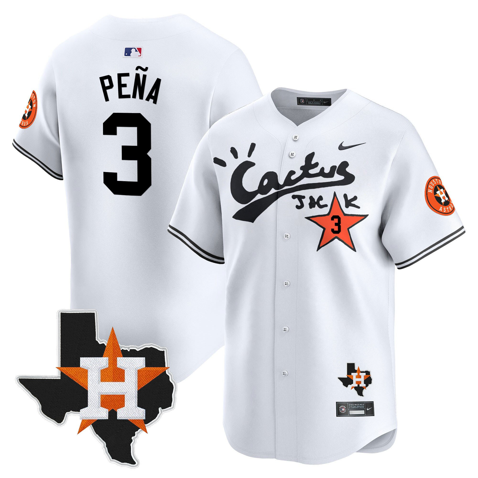 Jeremy Pena 3 Houston Astros Cactus Jack Houston Patch Limited Jersey - Men, White 